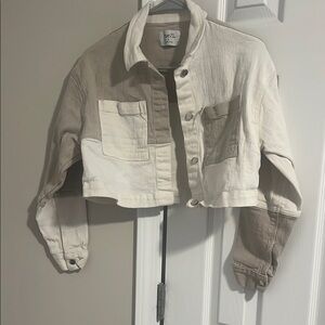 White and Tan Cropped Jean Jacket with Denim Texture